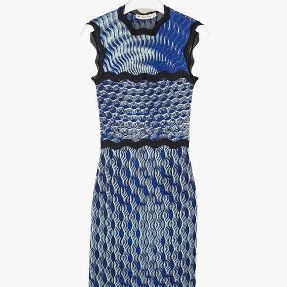 Mary Katrantzou PF/16 Swisher Blue Sleeveless Wavy Print Knit Dress - Picture 2 of 12